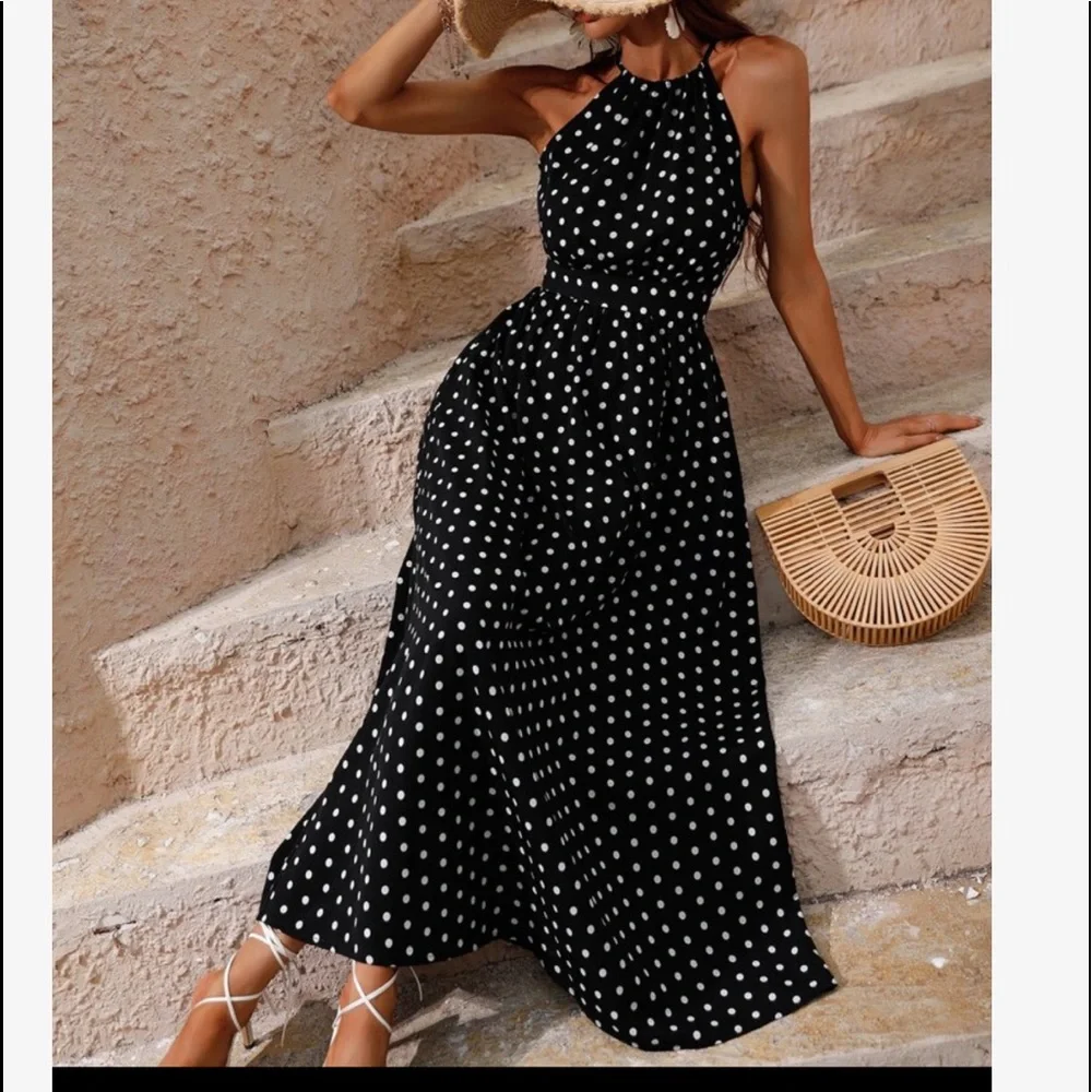 Boho Polka Dot Halter Maxi Dress Brown - Picture 11 of 13